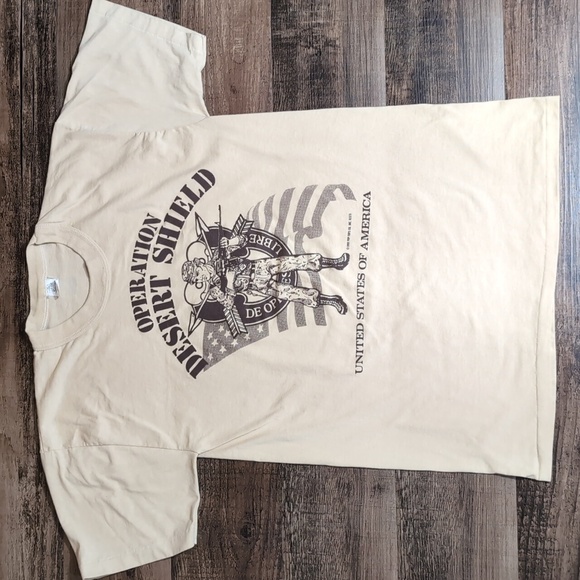 Vintage 1990 Operation Desert Shield Single Stitch T-shirt Size Large In Khaki - Picture 1 of 10